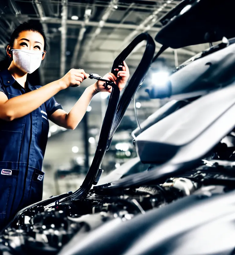 Image similar to a photo close up a female mechanic tuning the engine of a jdm supercar, wearing mask, japanese tuning garage, gunma prefecture, midnight, photorealistic, cinematic color, studio lighting, highly detailed, bokeh, style by tomino - sama