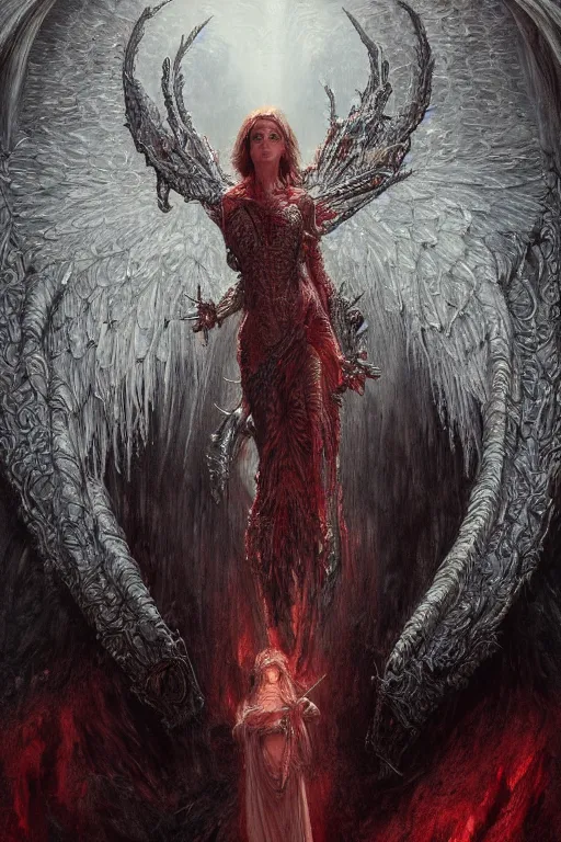 Image similar to realistic portrait of beautifully crystalized and detailed portrait of a angel of death, matte painting of cinematic movie scene red dragon, horror, created by gustave dore and greg rutkowski, high detailed, smooth draw, synthwave neon retro, intricate, realistic proportions, dramatic lighting, trending on artstation.