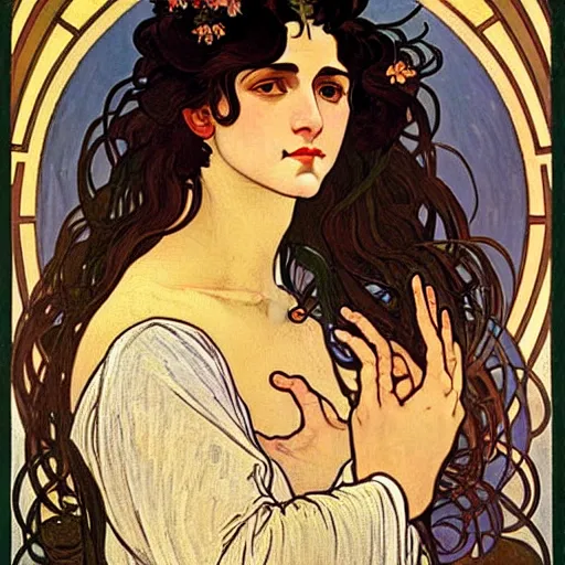 Image similar to painting of handsome beautiful dark medium wavy hair woman in his 2 0 s, dressed as an oracle, foreseeing the future, elegant, clear, painting, stylized, delicate, soft facial features, art, art by alphonse mucha, vincent van gogh, egon schiele