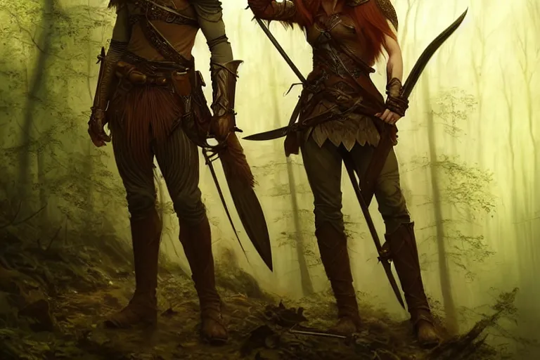 Prompt: male wood elf ranger with long auburn hair wearing an eye patch and leather armor, armed with glaive, in an ancient, mysterious forest at dusk, fantasy, intricate, elegant, highly detailed, digital painting, artstation, concept art, matte, sharp focus, illustration, art by roberto ferri and greg rutkowski and alphonse mucha