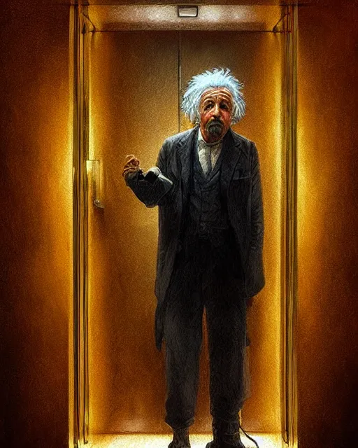 Image similar to Einstein in a elevator painted by István Sándorfi volumetric lighting, back lighting, rimlight, dramatic lighting, digital painting, highly detailed, artstation, sharp focus, illustration, Artgerm, Jean-Léon Gérôme , ruan jia