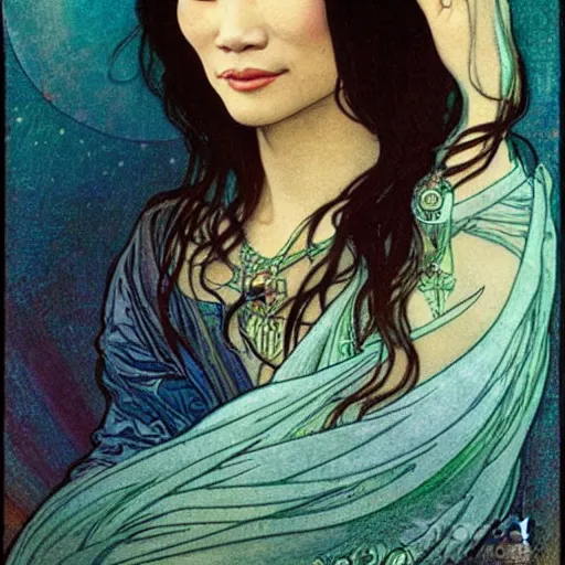 Image similar to lucy liu portrait by louis - theophile hingre and alphonse mucha, realistic, sharp focus, zodiac signs, tarot cards, planets, ethereal, art nouveau, magic, moon, sun, crown, dreamy, royal, jewellery