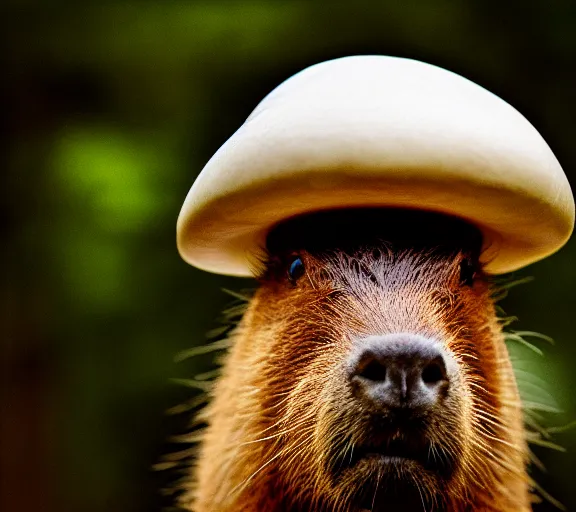 Image similar to a portrait of capybara with a mushroom cap growing on its head by luis royo. intricate. lifelike. soft light. sony a 7 r iv 5 5 mm. cinematic post - processing