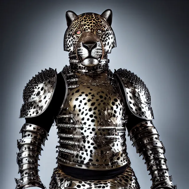 Image similar to full length photo of a jaguar man wearing armour, highly detailed, 4 k, hdr, smooth, sharp focus, high resolution, award - winning photo