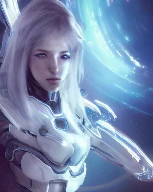 Image similar to perfect android girl on a mothership, warframe armor, beautiful face, scifi, futuristic, galaxy, nebula, bae suzy, dreamy, long white hair!!!, blue cyborg eyes, sharp focus, cinematic lighting, highly detailed, artstation, divine, by gauthier leblanc, kazuya takahashi, huifeng huang