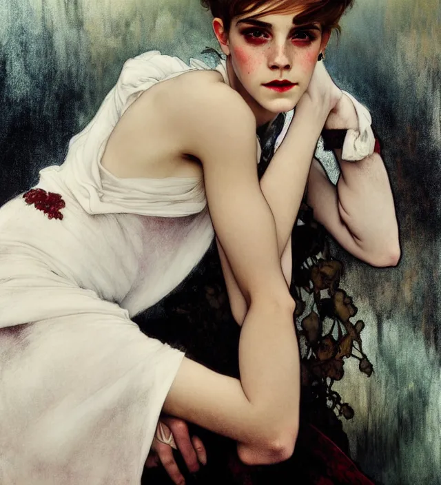 Image similar to emma watson stunning portrait of highly details androgynous ruby rose as desire from sandman, rockabilly style, white suit and black tie,, by egon shiele and alphonse mucha, with influence of jeremy mann, peter lindbergh, dave mckean, maurice sapiro, and frank moth, soft lightning, highly detailed, 8 k