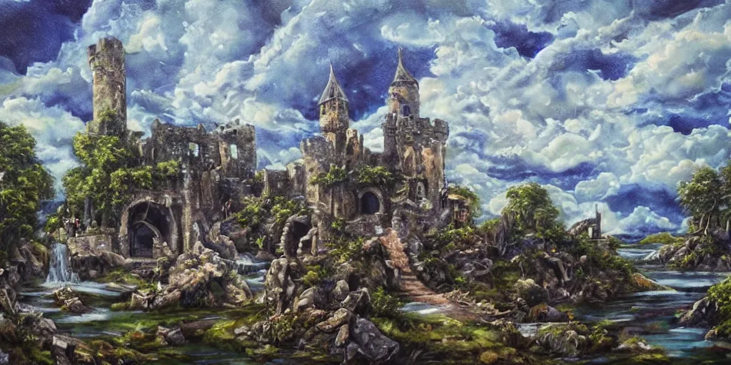 Prompt: <https://s.mj.run/S3Pu0N> oil painting, medieval fantasy, background of an isle with ancient castle ruin overrun with blue chaos magic, apple trees, apples, waterfalls, ponds, statues of heroes, golden::0.3 cloudy sky with many shimmering stars, goddesses in white::0.7 flowing silk dress, moody lighting, by brian froud and wayne barlowe and beeple::0.2, cg society, DSLR, trending on Artstation Unreal Engine VRay, octane 8k, phantasmagoric, hyperrealism, fresnel effect, very very detailed