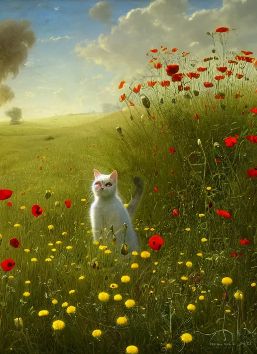 Image similar to the cat in the meadow from flowers : dandelions, poppy, tulip, chamomile, hyperrealism, no blur, 4 k resolution, ultra detailed, style of ivan shishkin, tyler edlin, tom bagshaw, arthur rackham,