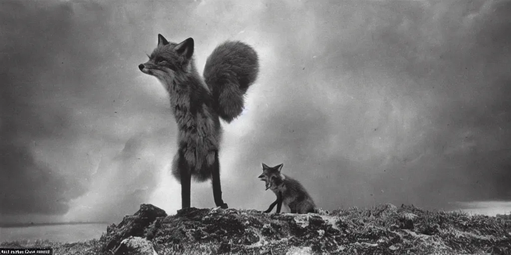 Prompt: anthropomorphic fox who is a medieval knight standing sternly in the middle of a huge thunderstorm 1 9 3 0 s film still, ladislas starevich