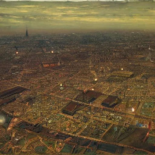 Prompt: an aerial view of future Tudor London by John Atkinson Grimshaw