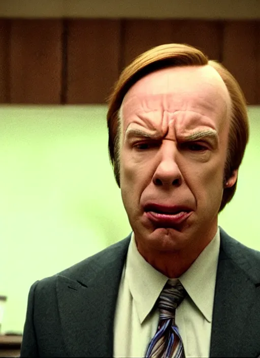 Image similar to screencap from better call saul episode, 'chuck mcgill'!! screaming, testifying on witness stand, plugging his nose, green stink fumes coming from rear, people running