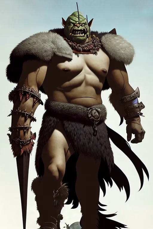 Image similar to orc barbarian wearing leather armor, full body shot, exquisite details, earth magic, mid view, design on a white background, by studio muti, greg rutkowski, makoto shinkai, takashi takeuchi, studio ghibli