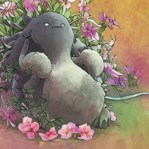 Prompt: creature sitting at the flower made by studio ghibli, detail, high quality, detailed creature, beautiful scene, smooth