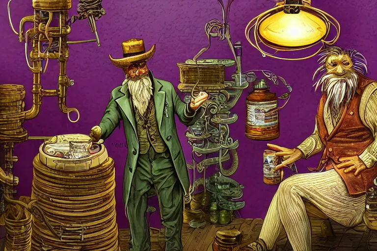 Prompt: Uncle Aloysius, snake oil salesman, wild west crypto pharmaceutical industrialist apothecary alchemist tinkerer engineer, cute, fantasy, intricate, elegant, highly detailed, digital painting, 4k, HDR, concept art, smooth, sharp focus, illustration, purple green color scheme, art by Ed Roth and H R Giger