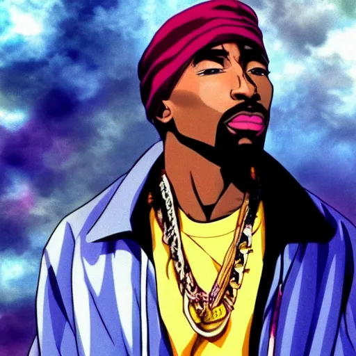 Image similar to Tupac Shakur, screenshot from a 2012s anime