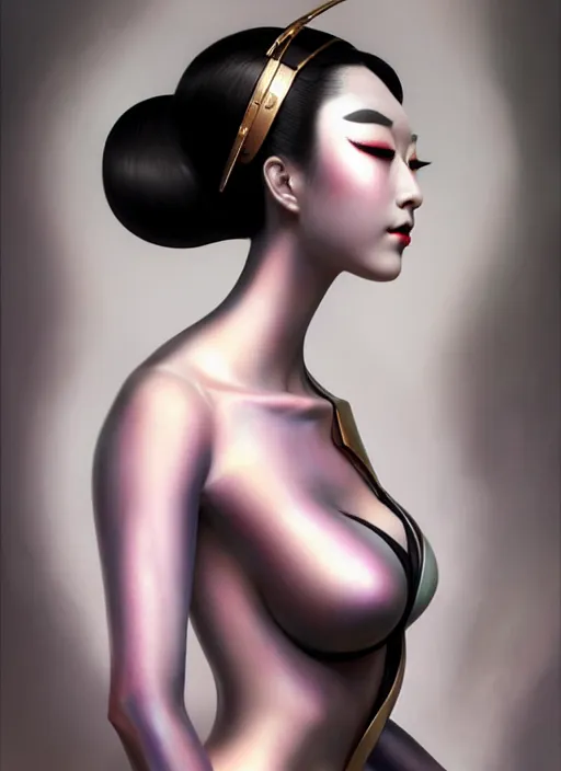 Image similar to organic seductive Geisha cyborg, pearlescent skin, diffuse lighting, fantasy, intricate, elegant, highly detailed, lifelike, photorealistic, digital painting, artstation, illustration, concept art, different full body view, smooth, sharp focus, art by John Collier and Albert Aublet and Leonardo da vinci and Krenz Cushart and Artem Demura and Alphonse Mucha