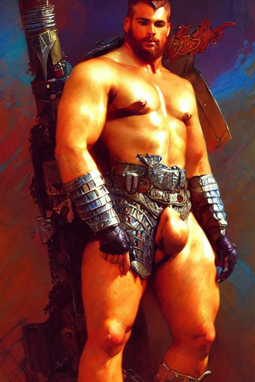 Prompt: attractive beefy male with armor, character design, colorful, cyberpunk, painting by gaston bussiere, craig mullins, j. c. leyendecker, tom of finland