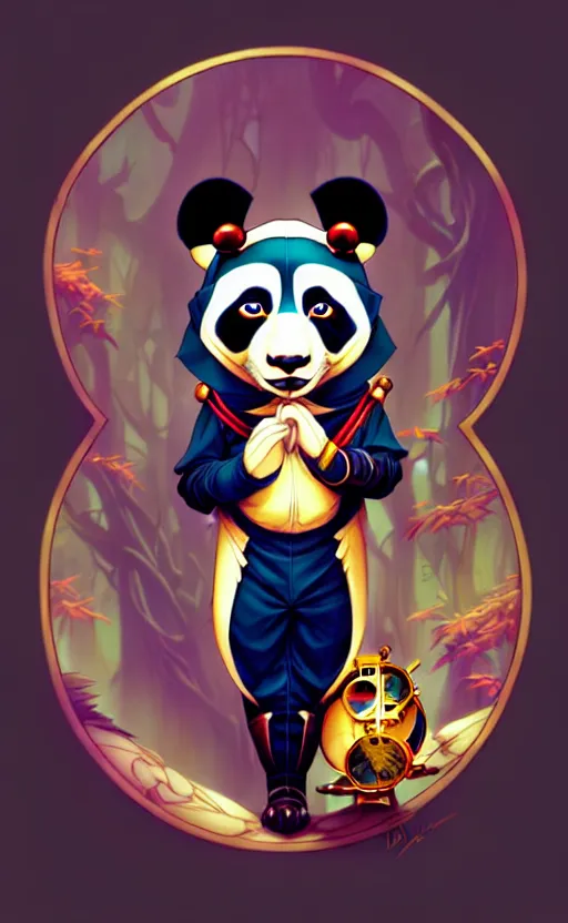 Image similar to don bluth, loish, artgerm, joshua middleton, steampunk, clockpunk anthropomorphic panda, full sailor suit, symmetrical eyes symmetrical face, colorful animation forest background