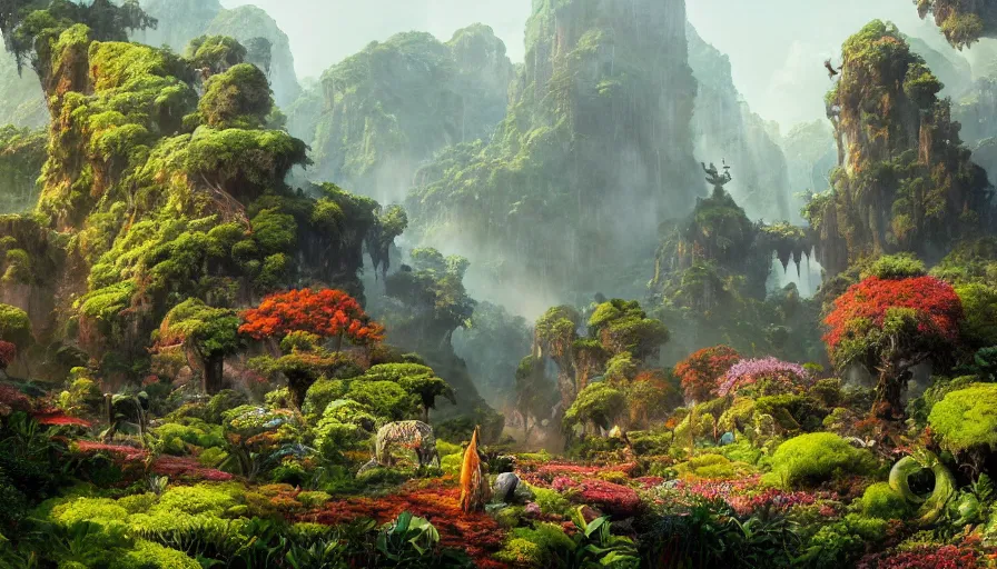 Prompt: craig mullins and ghibli digital illustration of the beastlands, avatar ( 2 0 0 9 ), lush landscape, jungle landscape, colorful, flowers unreal engine, hyper realism, realistic shading, cinematic composition, realistic render, octane render, detailed textures, photorealistic, wide shot,