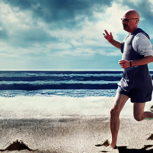 Image similar to Walter White running on the beach, artistic, 8k, cinematic, accurate, symetric, face, dramatic lighting, pastel colours