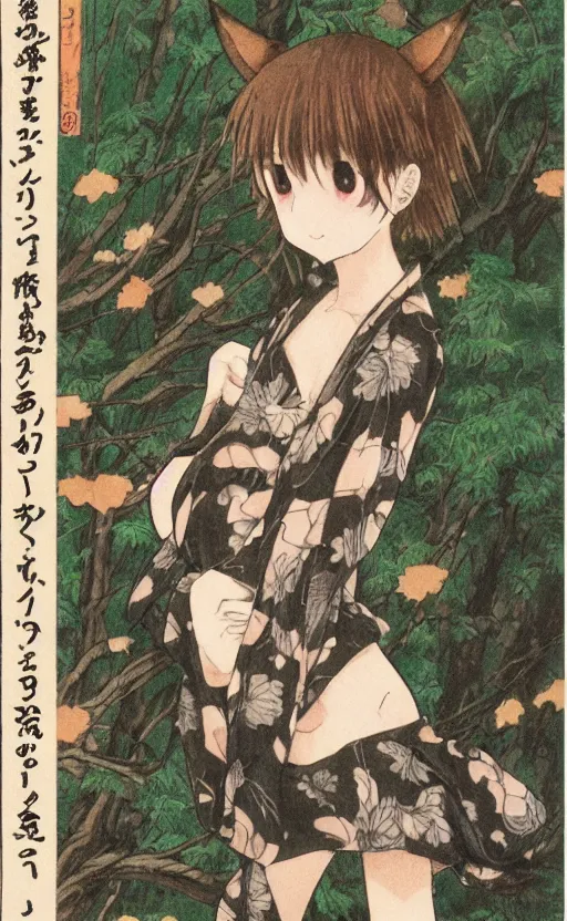 Prompt: by akio watanabe, manga art, a cub boar is curios about girl with brown hair, in forest, trading card front, kimono, realistic anatomy