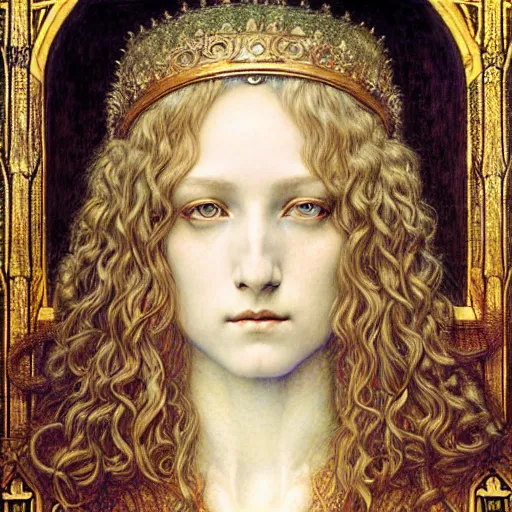 Prompt: detailed realistic beautiful young medieval queen portrait by jean delville, gustave dore and marco mazzoni, art nouveau, symbolist, visionary, gothic, pre - raphaelite, horizontal symmetry