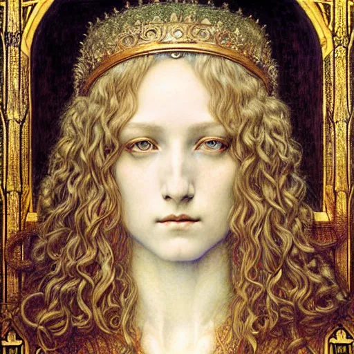 Image similar to detailed realistic beautiful young medieval queen portrait by jean delville, gustave dore and marco mazzoni, art nouveau, symbolist, visionary, gothic, pre - raphaelite, horizontal symmetry