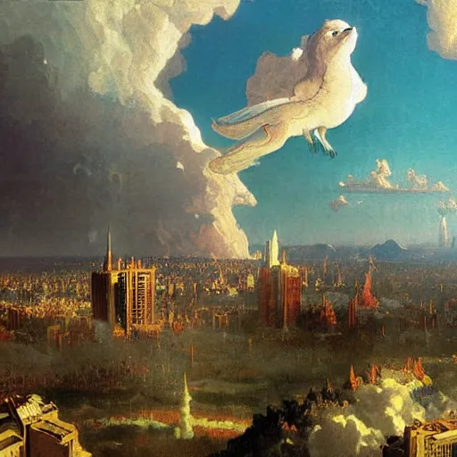 Prompt: unicorn , clouds city , Albert Bierstadt , Thomas Cole , Geof Darrow