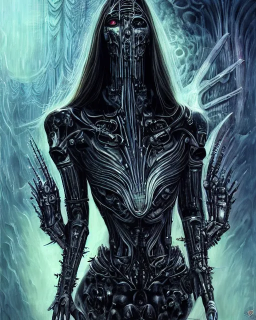 Image similar to cyborg black metal singer, by antonio j. manzanedo, giger, alex grey, android jones, wayne barlowe, philippe druillet, raymond swanland, cyril rolando, josephine wall, harumi hironaka, trending on artstation