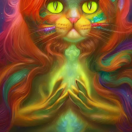 Prompt: cat seahorse shapeshifter, long haired humanoid weirdcore voidpunk fursona, detailed coherent painterly digital art by delphin enjolras, wlop, louis wain, lisa frank, furaffinity, cgsociety, trending on deviantart