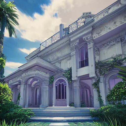 Image similar to vaporwave mansion, liminal space, high detail, rendered in unreal engine, 3d render, god rays, volumetric lighting, large windows, baroque, vegetation