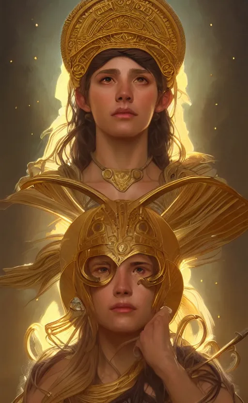 Image similar to portrait of the goddess athena, greek mythology, intricate, headshot, highly detailed, digital painting, artstation, concept art, sharp focus, cinematic lighting, illustration, art by artgerm and greg rutkowski, alphonse mucha, cgsociety