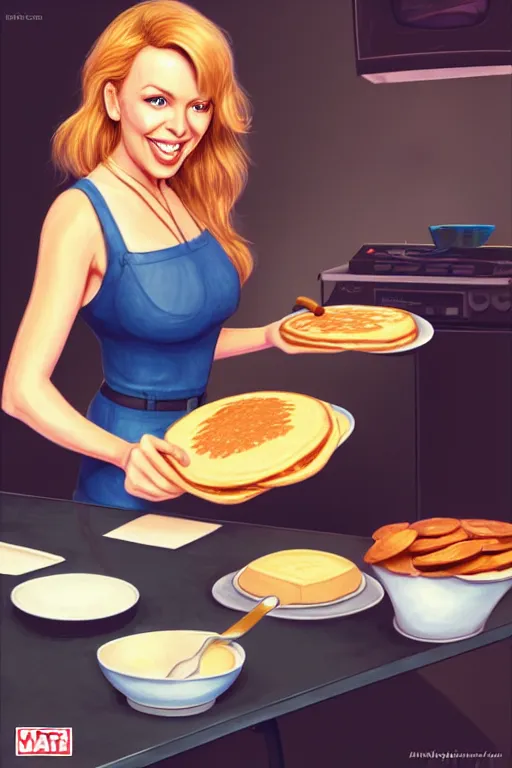 Image similar to kylie minogue making pancakes, animation pixar style, by pendleton ward, magali villeneuve, artgerm, rob rey and kentaro miura style, golden ratio, trending on art station