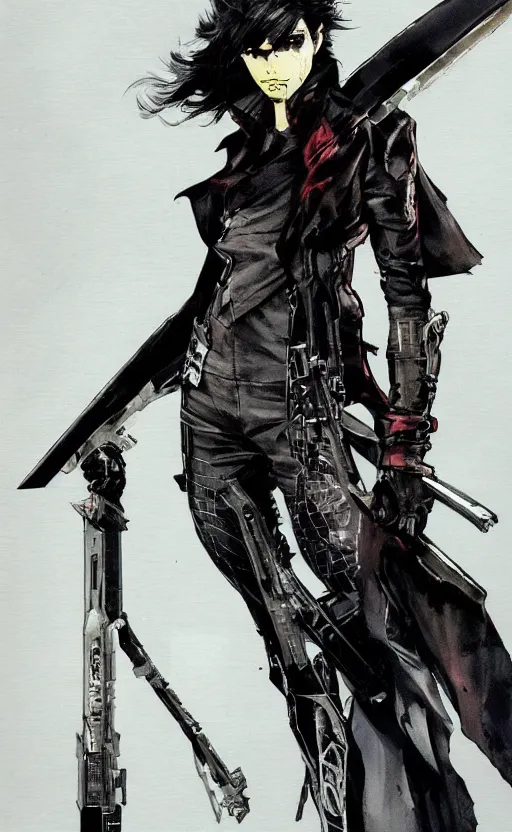 Prompt: futuristic vampire hunter, character design concept art, by yoji shinkawa