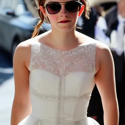 Prompt: Emma watson wearing sunglasses looked too good in her wedding dress
