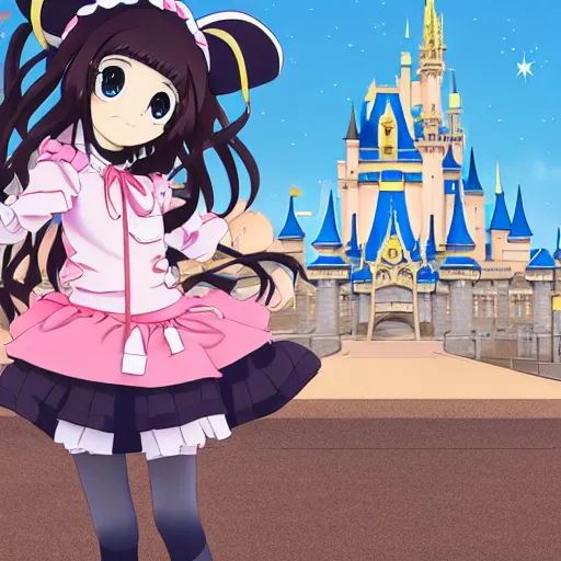 Prompt: menhera - chan, anime girl with long brown hair and black hoodie, posting in front of the wdw castle, kyoani, kyoto animation, key visual