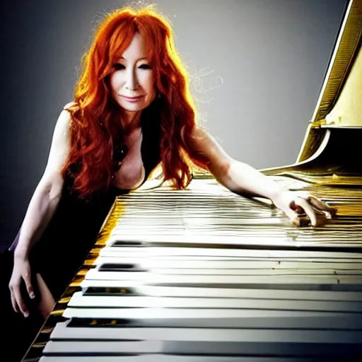 Image similar to tori amos stands atop a grand piano showing off her amazing yo yo tricks, beautiful photo