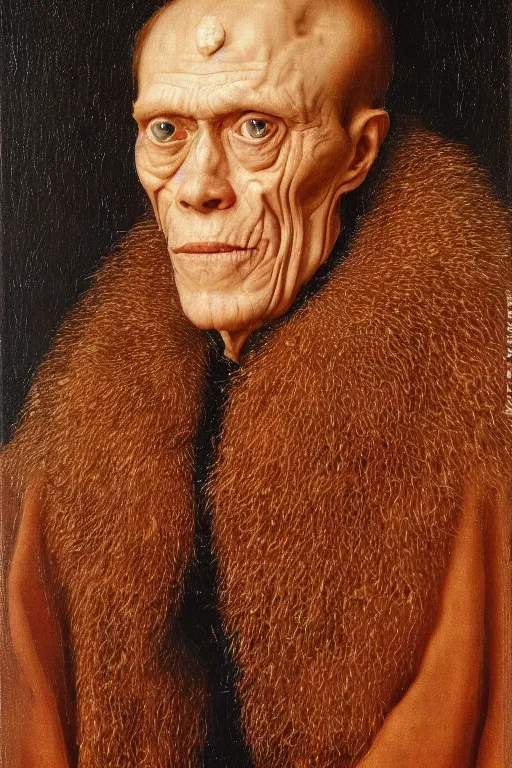 Image similar to portrait of willem dafoe with too many face wrinkles, oil painting by jan van eyck, northern renaissance art, oil on canvas, wet - on - wet technique, realistic, expressive emotions, intricate textures, illusionistic detail