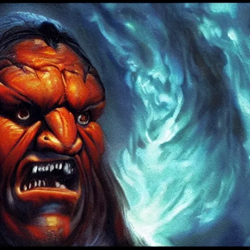 Image similar to balrog from the lord of the rings in the style of an oil painting, direction by peter jackson, still from the movie