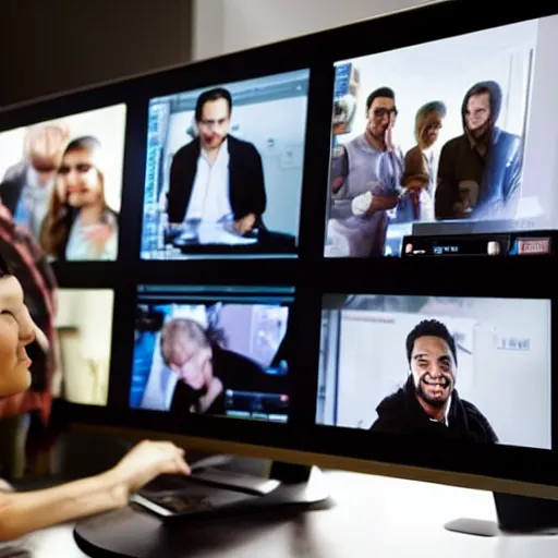 Prompt: a bunch of people around a computer looking at a chat with picture posted