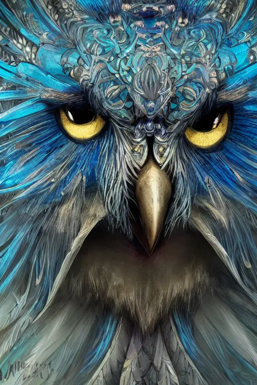 Prompt: a beautiful closeup shot from a fantasy film of a humanoid iridescent blue owlbear wearing a loose tunic. an anthropomorphic owlbear. fantasy, frown, intricate, elegant, highly detailed, digital painting, artstation, concept art, matte, sharp focus, illustration, art by artgerm and greg rutkowski and alphonse mucha