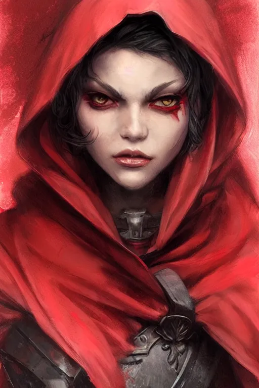 Image similar to thief red riding hood, d & d, fantasy, portrait, highly detailed, headshot, digital painting, trending on artstation, concept art, sharp focus, illustration, art by artgerm and greg rutkowski and magali villeneuve