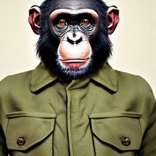 Image similar to A chimpanzee in a vintage military jacket holding a pair of scissors, he has a very good haircut