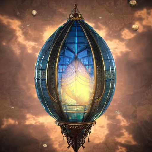 Image similar to enormous floating city in a faberge egg, sky, steampunk, fantasy art, unreal engine,