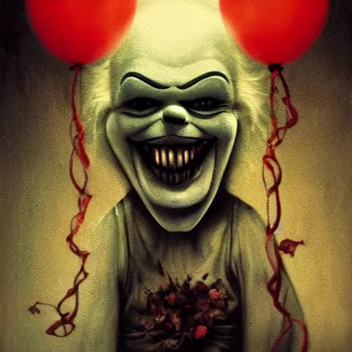 Image similar to grunge painting of elmo with a wide smile and a red balloon by Zdzisław Beksiński, loony toons style, pennywise style, corpse bride style, creepy lighting, horror theme, detailed, elegant, intricate, conceptual, volumetric light