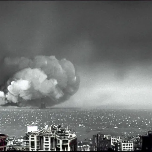 Image similar to nuclear bomb destroying san francisco, movie still, moody