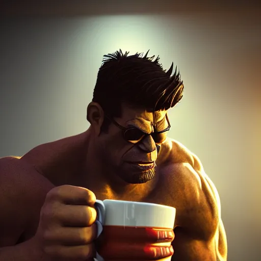 Prompt: hipster hulk drinking coffee, 30mm photography, gta artstyle, wide shot, dramatic lighting, octane render, hyperrealistic, high quality, highly detailed, artstation, HD, beautiful, cinematic, 8k, unreal engine, facial accuracy, symmetrical