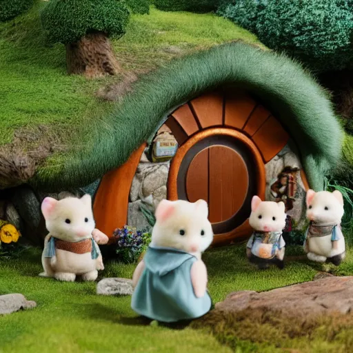 Image similar to lord of the rings calico critters in front of hobbit house