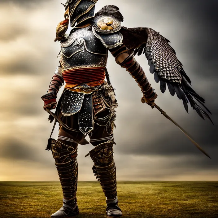 Prompt: full length photo of a warrior with falcon themed armour, highly detailed, 4 k, hdr, smooth, sharp focus, high resolution, award - winning photo