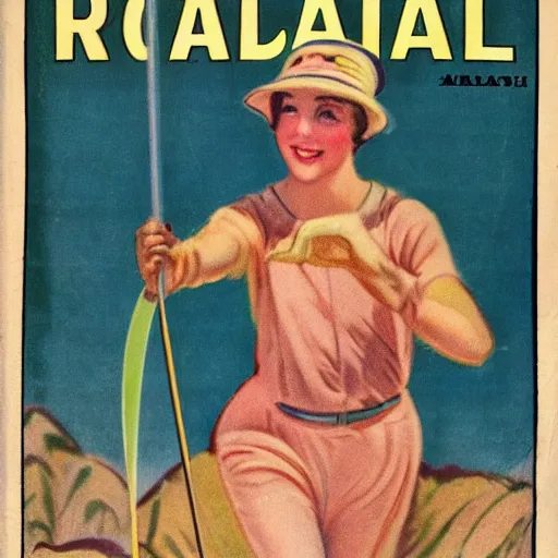 Image similar to a 1 9 2 8 cover of a quality magazine. happy, healthy, beautiful, smiling, young, sporty, glowing woman in decent athletic holding a glowing radium rod. hyper - realistic detailed color drawing